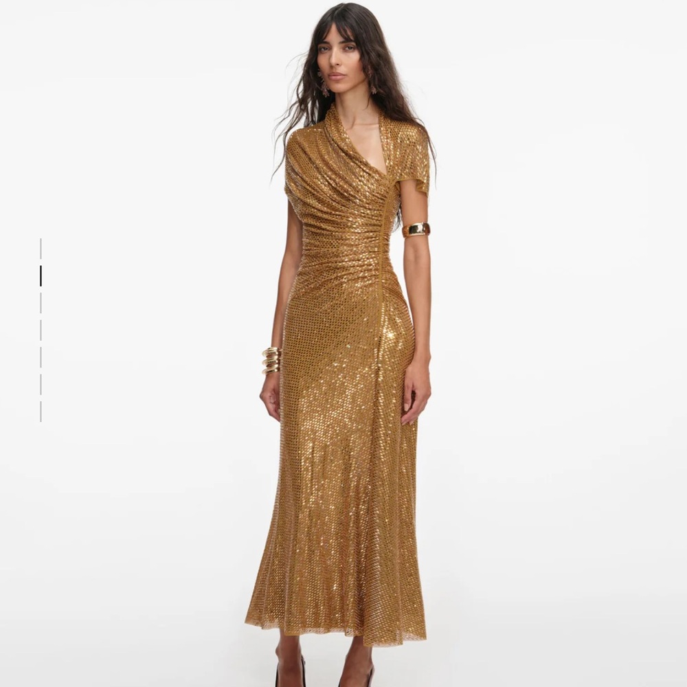 Self Portrait GOLD RHINESTONE DRAPE MIDI DRESS size 6 - Picture 2 of 13